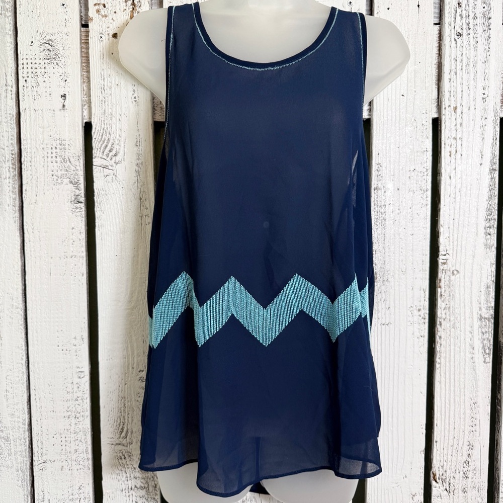 Blue‎ Rain Sheer Top Size Large Sleeveless Embroidered Chevron Navy Blue Teal